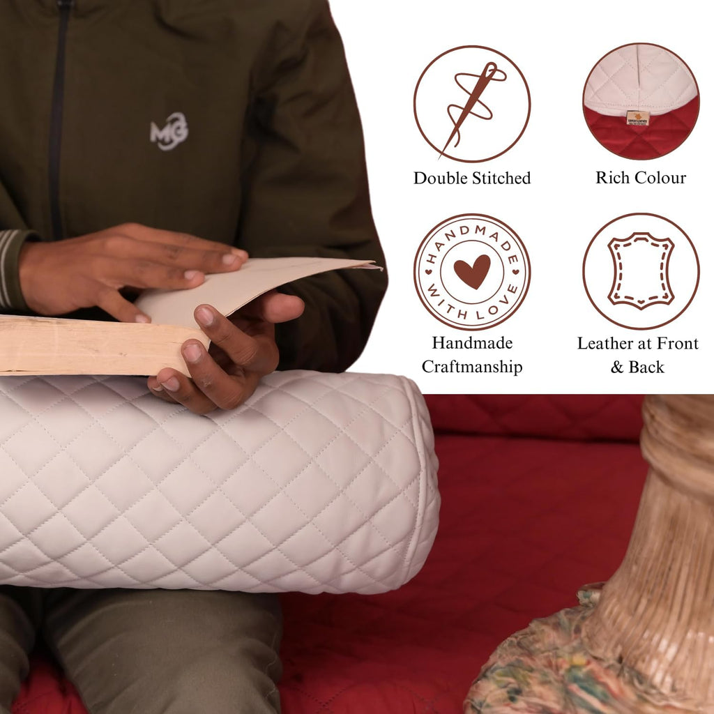 Neck Roll Pillow Cushion Cover, 24x6 Inch Full Moon Round Bolster Pillow Case, Cylinder Soft Lambskin Leather Pillowcase for Head, Spine & Neck Support During Sleep - Quilted White Pack of 1