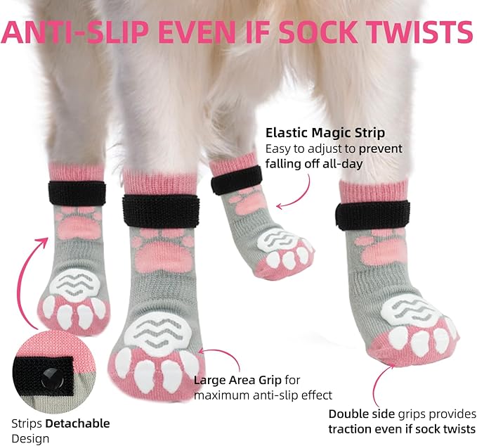 PUPTECK Anti Slip Dog Socks 2 Pairs with Double Grippers for Hardwood Floors, Shoes for Hot/Cold Pavement, Boots & Paws Protectors to Prevent Licking, Traction Booties for Senior Small Large Dogs