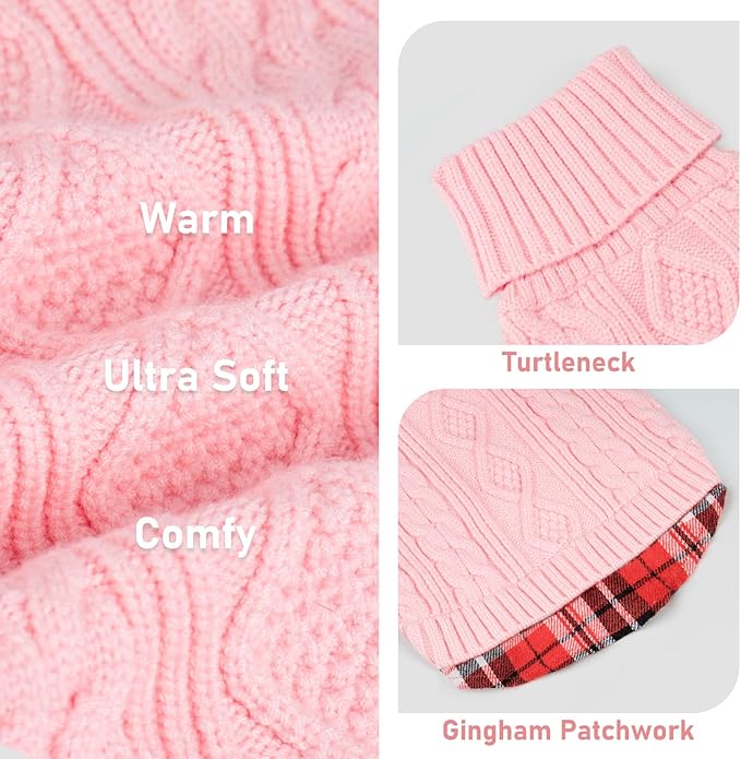 KYEESE Dog Sweater Stretchy Knitwear Cat Clothes Comfy Puppy Coat for Fall Winter Cold Weather Warm Turtleneck Small Dogs Sweater with Gingham Patchwork Soft Pullover Dog Sweaters for Small Dogs Girl