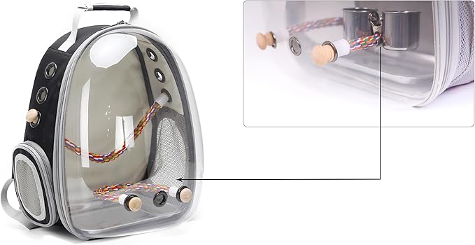 Bird Feeder Cups with Clamp Mount on Standing Perch, 2 Stainless Steel Cups for Food and Water, Compatible for halinfer's All Bird Carrier and Backpack Wooden and Rope Perch