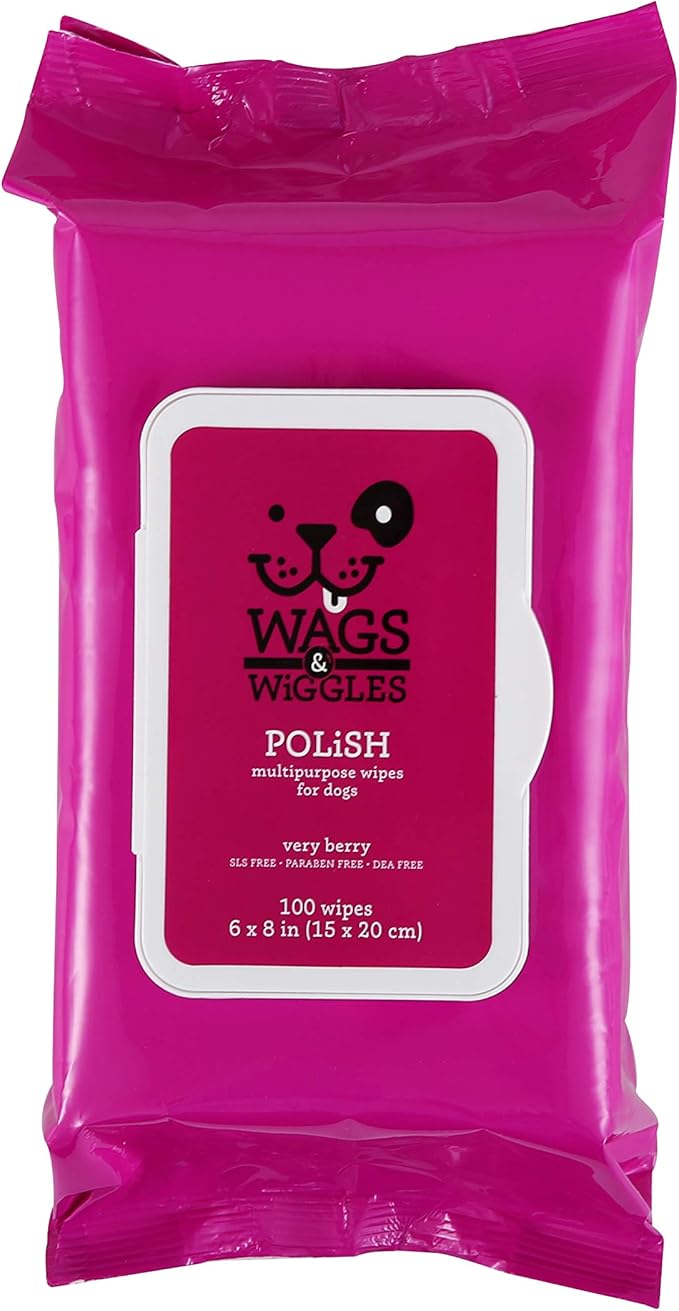 Wags & Wiggles Polish Multipurpose Wipes for Dogs, Very Berry Scent - Scented Dog Wipes Clean & Condition Your Dog's Coat Without A Bath, 100 Count - 12 Pack
