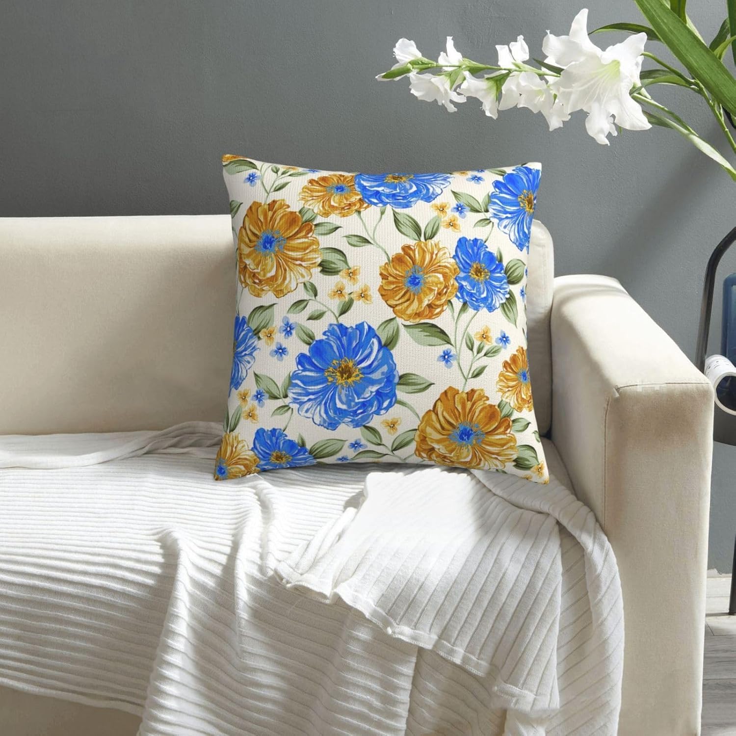 Blue and Yellow Floral Throw Pillow Covers 18x18 Inch Set of 2, Decorative Blue Gold Flowers Pillows, Modern Boho Square Cushion Covers for Office Couch Sofa Bedroom Living Room Farmhouse Home Decor