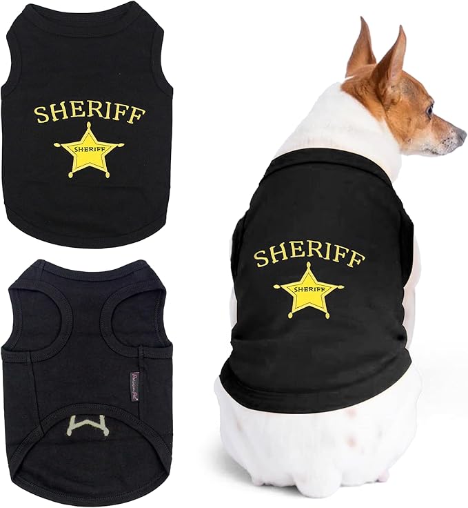 Parisian Pet Dog Tshirt - Embroidered “ Sheriff “ Dogs Apparel - Lightweight and Skin Friendly Dog Clothes - Sleeveless Black Doggy Tee Shirts - Machine Washable Shirts for Small Dogs - XS
