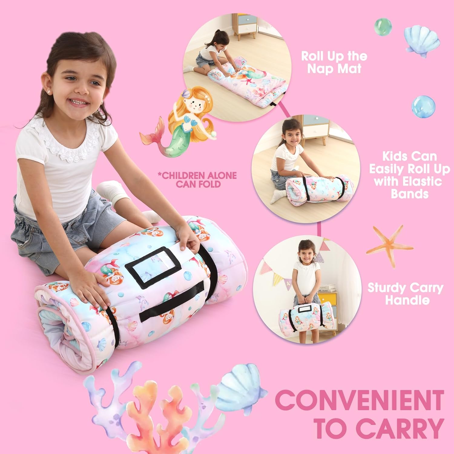 ACRABROS Toddler Nap Mat with Pillow and Blanket, Extra Large Rolled Napping Mats,Slumber Bags for Boys Girls,Kids Sleeping Bag for Daycare, Preschool Travel Camping, Shell Mermaid