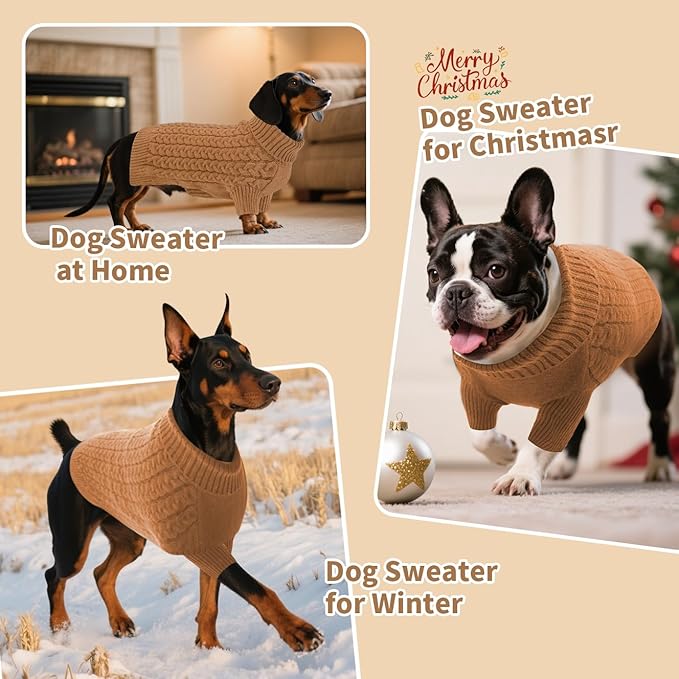 SAWMONG Dog Sweater, Dog Sweaters for Large Dogs Girls Boys, Pullover Turtleneck Knitted Doggy Sweatshirt, Cold Weather Pet Clothes（Khaki, Large