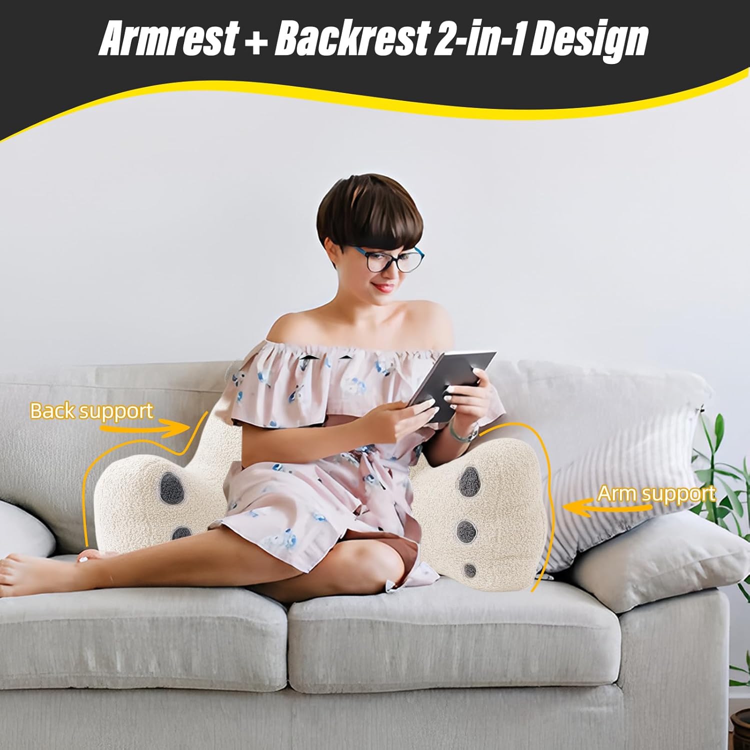 Reading Pillow for Sitting in Bed Couch Teens/Adult, Back Rest Pillow for Sitting Up in Bed with Shredded Memory Foam, Includes Arms and Washable Cover (White)