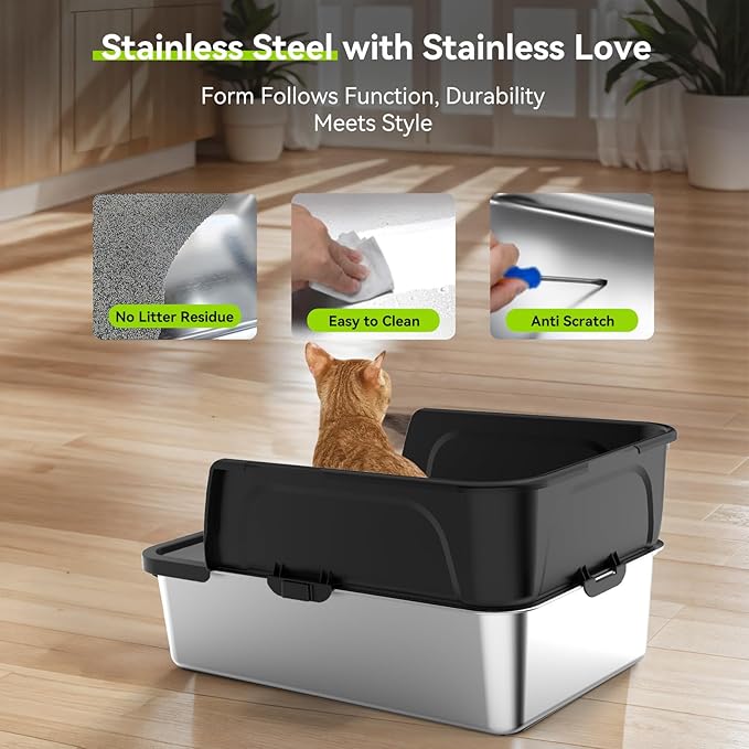 Cordless Cat Water Fountain Stainless Steel + Litter Box Set, 4L Automatic Wireless Pet Water Dispenser with 5Pack Filter + Cat Litter Box Sets for Multi Pet Family