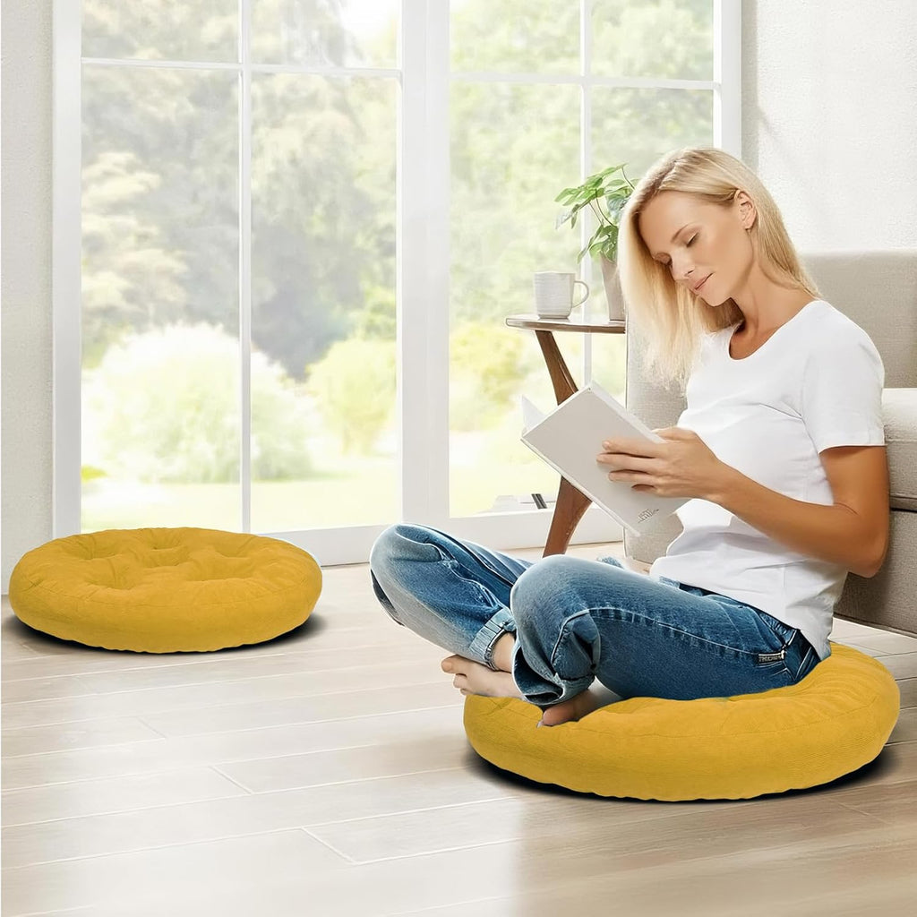 Meditation Floor Pillow Set of 2, Round Large Pillows Seating for Adults, Tufted Corduroy Cushion for Tatami Living Room, 22x22 Inch FP-Yellow-R