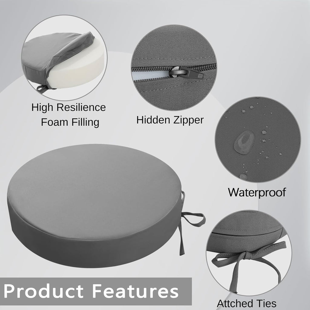 idee-home Outdoor Bistro Chair Cushions, 15”x15”x 3” Thick Outdoor Round Seat Cushions Set of 4 with Ties, Waterproof Round Patio Furniture for Garden