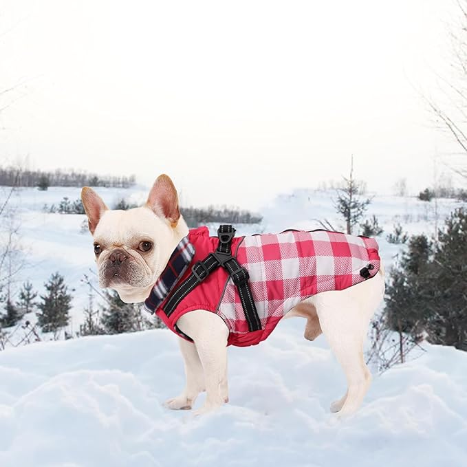 Dog Coat with Harness,Small Dog Winter Coat,Doggie Jackets with Built in Harness,Adjustable Warm Jacket for Medium Large Dogs,Pet Puppy Cold Weather Coats for Dogs Waterproof (PlaidPink, Medium)