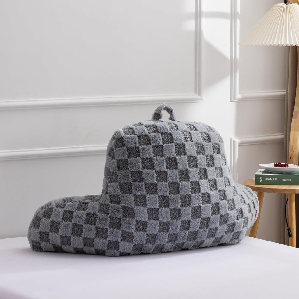 A Nice Night Faux Fur Reading Pillow,Checkered Fluffy Grid Plaid,Bed Wedge Pillow Large Adult Children Backrest with Arms for Bedrest,Grey