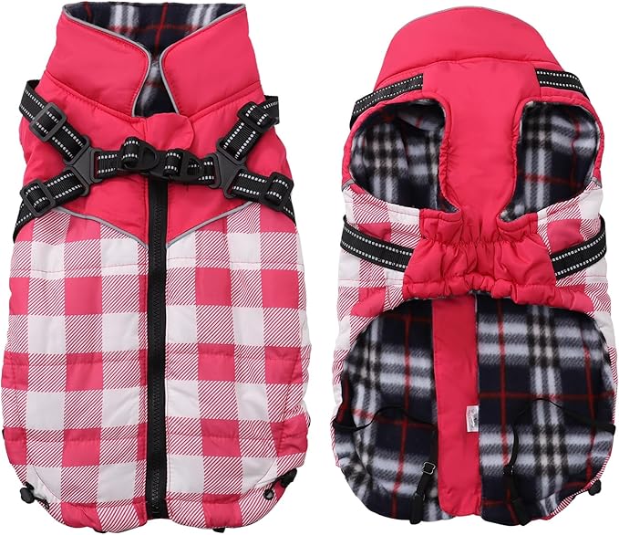 Dog Coat with Harness,Small Dog Winter Coat,Doggie Jackets with Built in Harness,Adjustable Warm Jacket for Medium Large Dogs,Pet Puppy Cold Weather Coats for Dogs Waterproof (PlaidPink, Medium)