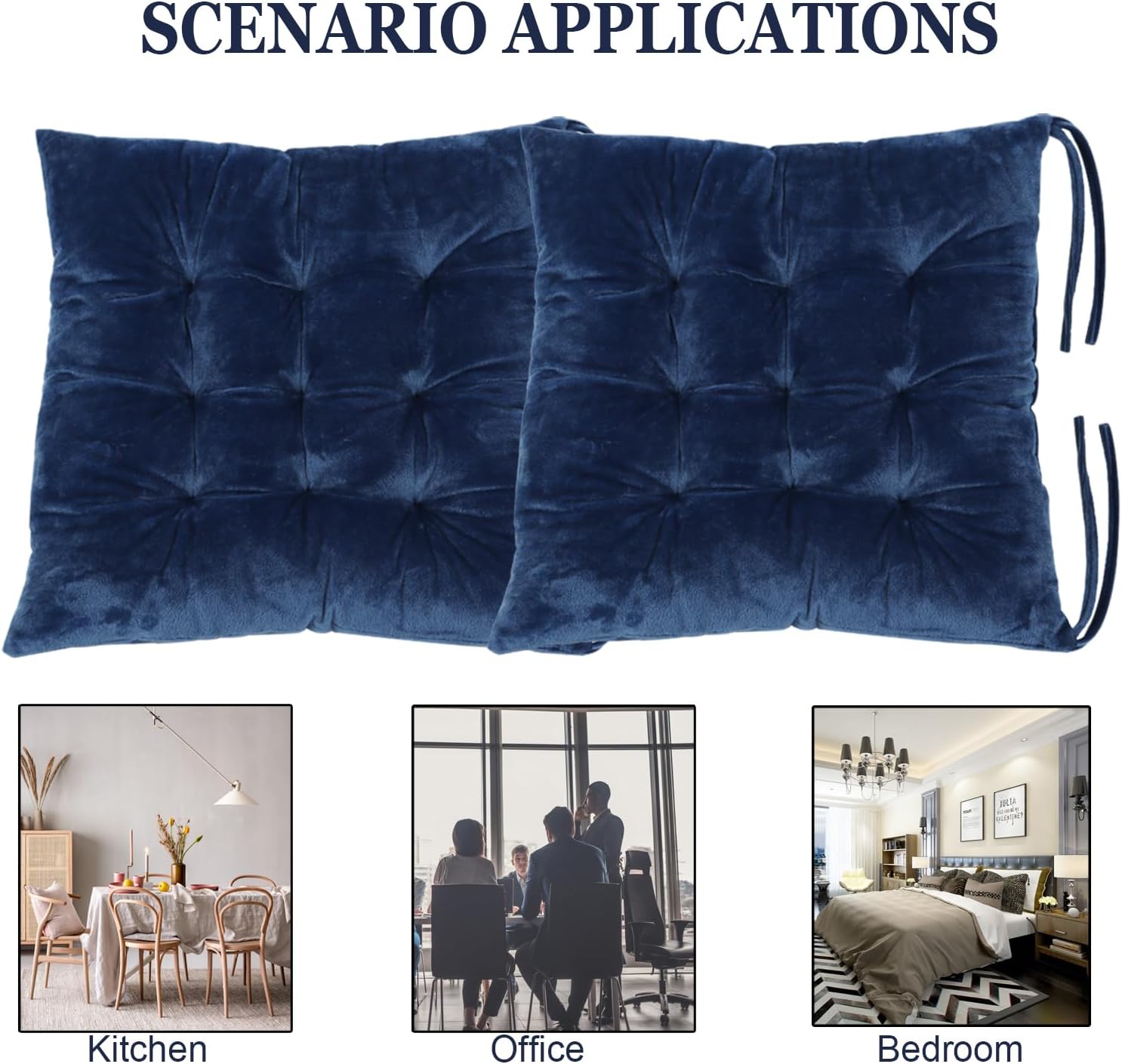 2 Pack Square Seat Cushion Chair Pads for Kitchen Dining Chairs, Soft Comfort Velvet Chair Mat Pillow Cushions with Ties for Office Desk Living Room Tatami 15.5", Blue