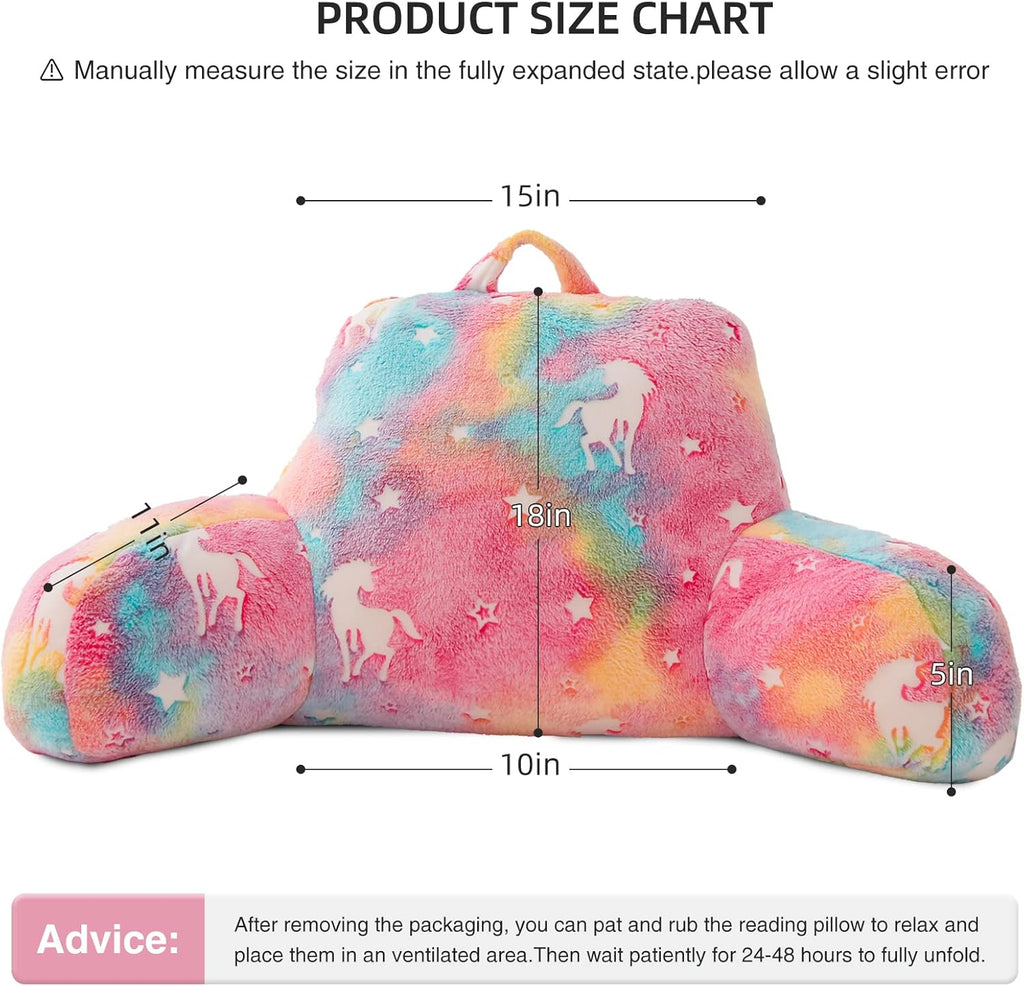 Meeting Story Colorful Unicorn Luminous Reading Pillows Glow in The Dark with Arms Back Pillow for Bed, Bed Rest Pillow for Adults, Teens, Kids, (Rainbow)