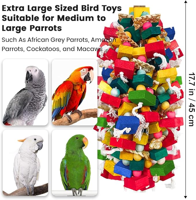 Bird Toys for Large Parrots Colorful Natural Wood Block Parrots Chew Foraging Toys for Bird Cages Cockatoos, Macaws, African Greys, and Amazons