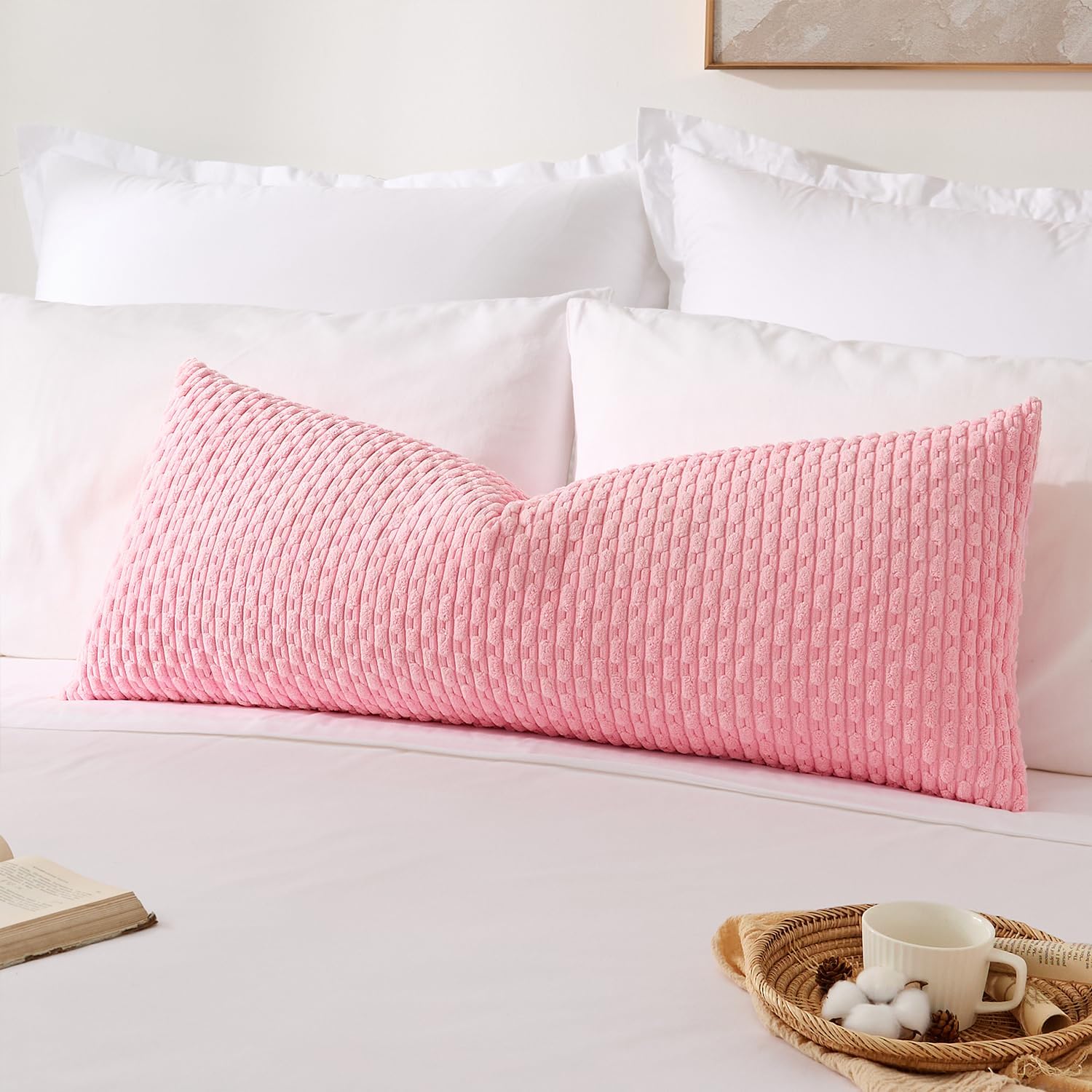 Kevin Textile 14x36 Inch Long Lumbar 1 Pack Boho Decorative Throw Pillow Cover Soft Striped Corduroy Rectangle Cushion Case Farmhouse Accent for Living Room Couch Sofa Bed, Pink