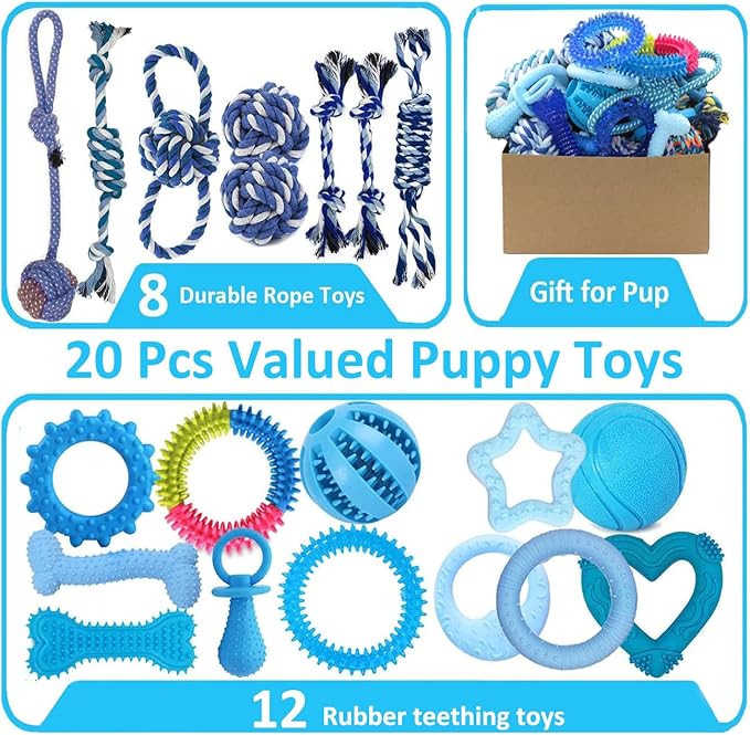 Beiker 20 Pack Puppy Chew Toys - Blue Dog Teething Toys for Puppies, Puppy Teething Rings and Ropes, Blue Rubber Toy Bundle for Small Dogs, Cute Interactive Dog Balls for Small Breed