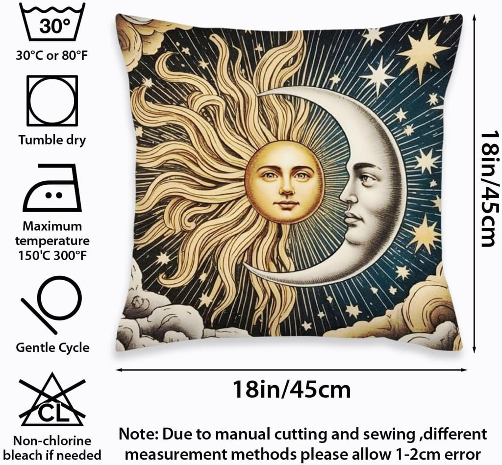 2 Pcs Celestial Sun and Moon Linen Throw Pillow Covers, Elegant Sun and Moon Square Pillowcases Cushion Cover for Women Friend Sister Coworker Birthday Christmas Mothers Day Friendship Gifts