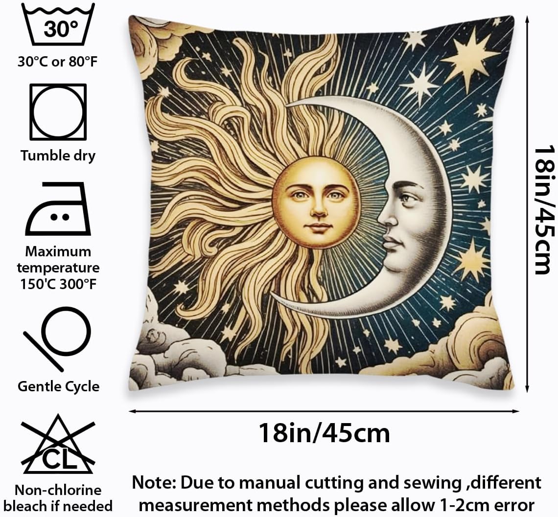 2 Pcs Celestial Sun and Moon Linen Throw Pillow Covers, Elegant Sun and Moon Square Pillowcases Cushion Cover for Women Friend Sister Coworker Birthday Christmas Mothers Day Friendship Gifts