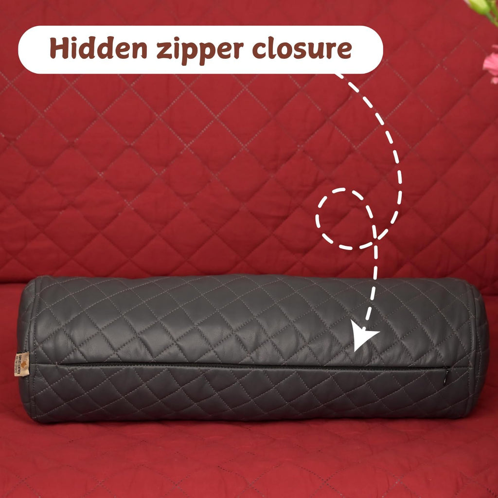 Neck Roll Pillow Cushion Cover, 14x7 Inch Full Moon Round Bolster Pillow Case, Cylinder Soft Lambskin Leather Pillowcase for Head, Spine & Neck Support During Sleep - Quilted Charcoal Grey Pack of 2