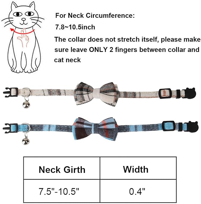 ADOGGYGO Plaid Cat Collars Breakaway with Bow Bell, Removable Bowtie, 2 Pack Beige Blue Plaid Kitten Bow Collar for Cats Kittens