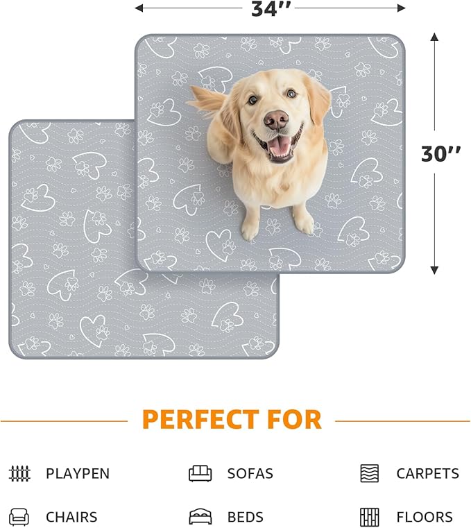 Washable Pee Pads for Dogs Reusable: 2 Pack Reusable Puppy Pads Waterproof and Absorbent - Non-Slip Dog Whelping Pads for Crate, Floor, Couch, 30"x 34"