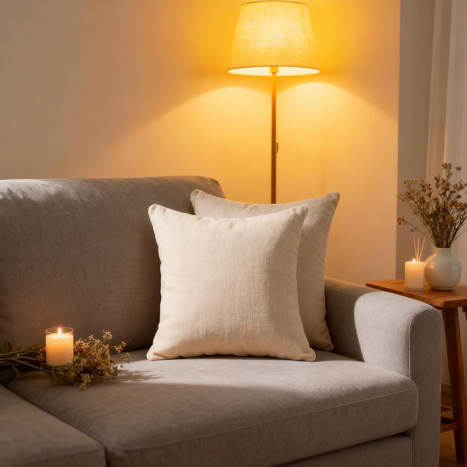 Throw Couch Pillow with Insert 18x18 Inches Set of 2 Square, Cute Modern Home Fall Decor for Living Room Sofa Bed Cushion Accent Case, Anthropologie Style Home Decor (Oatmeal #P2-01)