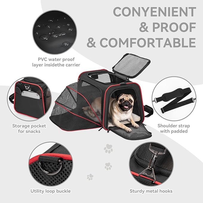 Petsfit Expandable Dog Carrier Large Cat Carrier, Soft-Sided Portable Collapsible Pet Travel Carrier for Kittens, Puppies or Small Animals, 19 x12x12 Inches, Black