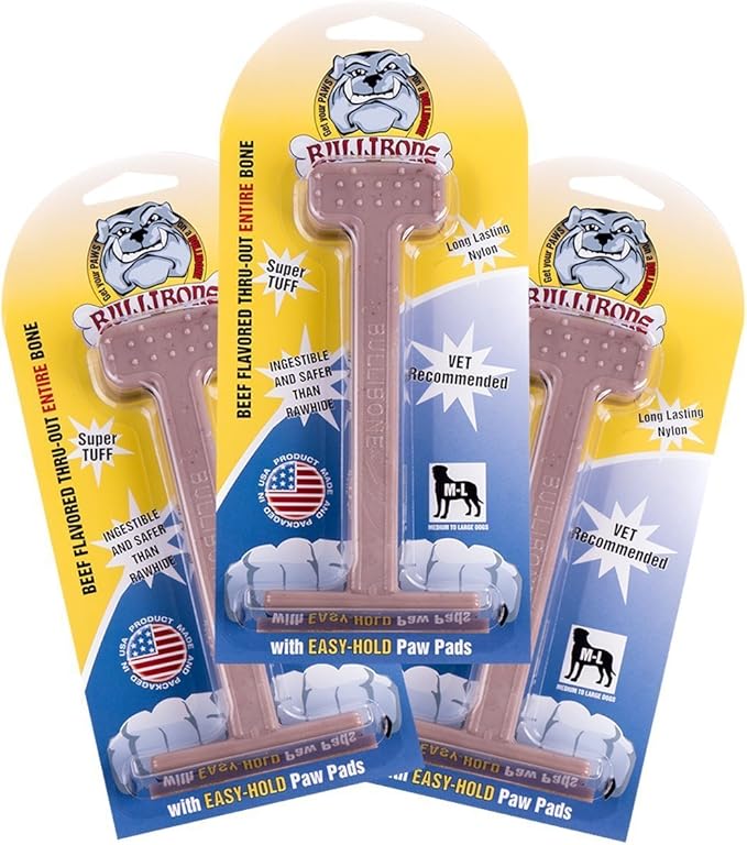 Bullibone Nylon Dog Chew Toy Nylon Bone - Improves Dental Hygiene, Easy to Grip Bottom, and Permeated with Flavor (Beef, Large - 3 Pack)