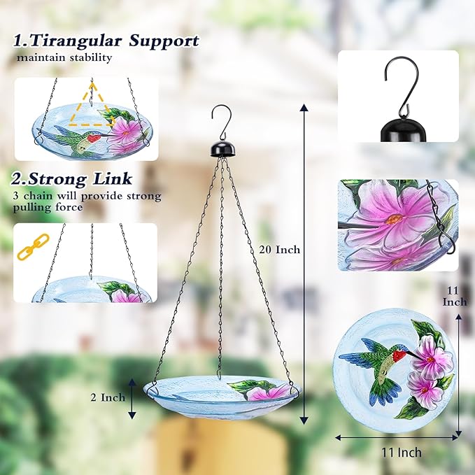 MUMTOP Hanging Bird Baths for Outdoors - Glass Bird Bath, 11 Inch Hanging Bird Bath Hummingbird Bird Feeder Bowl for Outside, Garden, Lawn Yard Decor