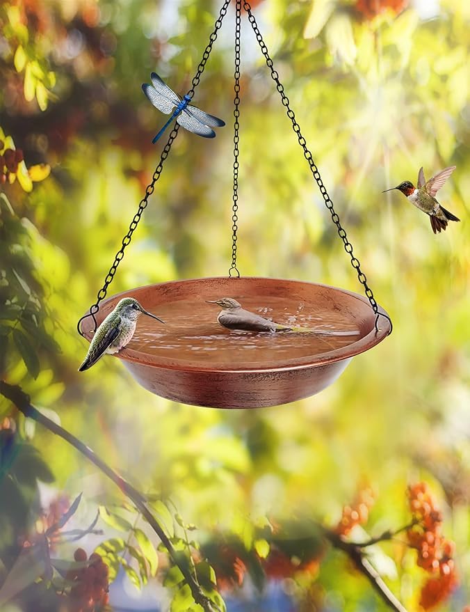 Hanging Bird Bath for Outdoor, Antique Copper Metal Bird Feeder Birdbath Bowl with 17” Rust-Proof Black Chains for Garden Backyard Decor