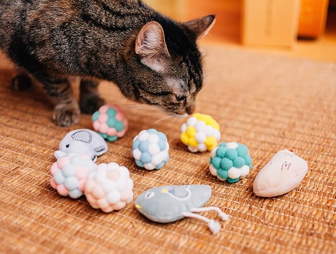 9 Pcs Cat Balls & Catnip Toys Set - Cartoon Fuzzy Balls, Soft & Lightweight - Kittens Chewing, Kicker Toys - Toys for Indoor Cats - Kitten & Cat Accessories - Pack of 9