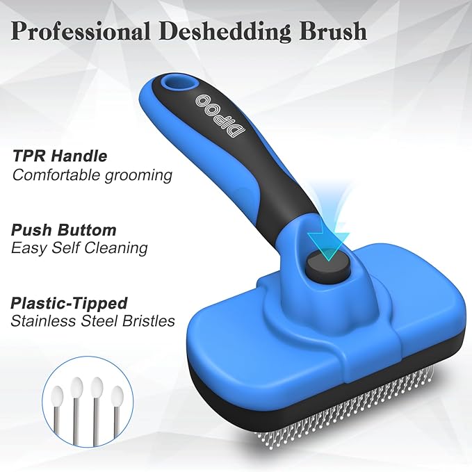 Self-Cleaning Brush for Pet Deshedding - Skin-Friendly Grooming Tool for Dogs and Cats, Blue