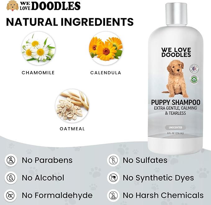Puppy Shampoo & Conditioner | Made in USA | Tear Free | Best Shampoo for Puppies | Sensitive & Itchy Skin Wash | Oatmeal Bathing | Tearless, Unscented, 8oz [We Love Doodles]