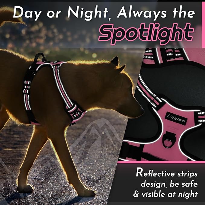 Eagloo Dog Harness for Large Dogs, No Pull Service Vest with Reflective Strips and Control Handle, Adjustable and Comfortable for Walking, No Choke Pet Harness with 2 Metal Rings, Pink, L