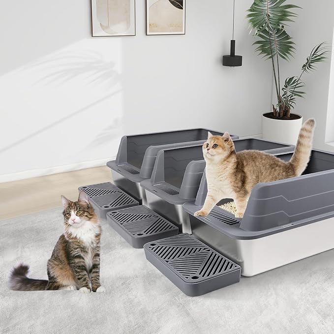 3 Pack Stainless Steel Litter Box, XL 22.9” x 15” x 10.3” High Sided Metal Cat Litter Tray with Scoop, Filter Pedal for Anti-Splash, Non-Sticky, Easy to Clean (Dark Grey)