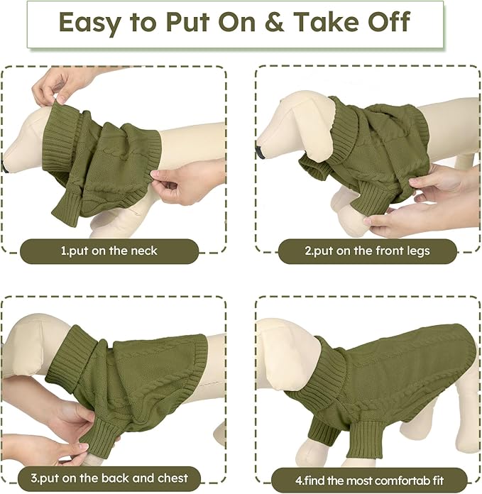 Queenmore Small Dog Pullover Sweater, Cold Weather Cable Knitwear, Classic Turtleneck Thick Warm Clothes for Chihuahua, Bulldog, Dachshund, Pugl,OliveGreen,XL
