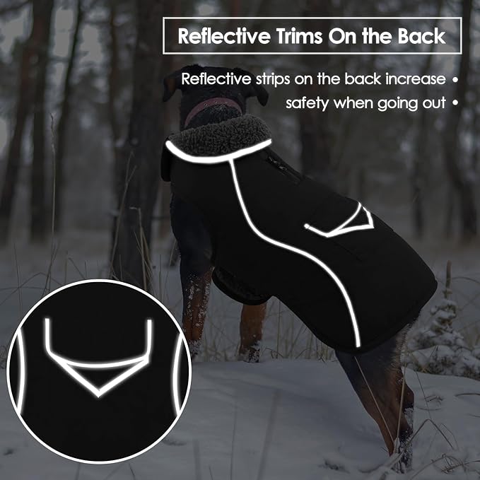 SUNFURA Dog Coat, Warm Dog Coat XXL Puffer Jacket with Harness Hole, Reflective Pet Snow Jacket Turtleneck Fleece Vest for Weimaraner, Labrador, Golden Retriever, Black 2XL