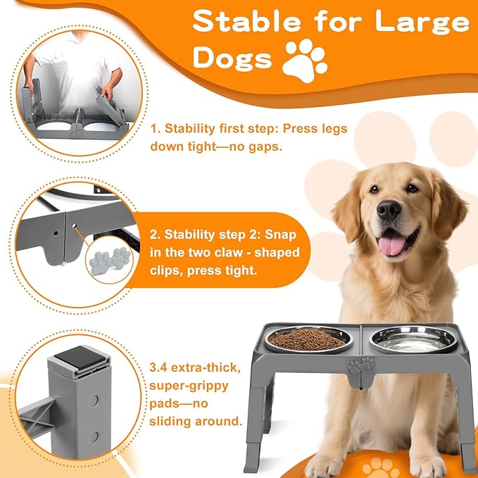 Elevated Dog Bowl Stand for Large Dogs - 2 Extra Large 10” Stainless Steel Bowls, 5 Adjustable Heights(7.5"-15.4"), Foldable Non-Slip & Durable, Portable Heavy Duty Travel Dog Feeder, Grey