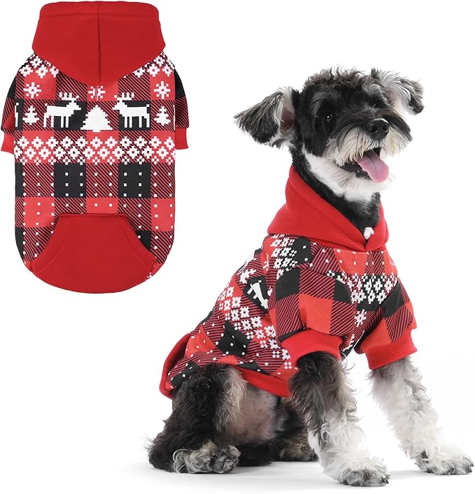 KOOLTAIL Christmas Dog Hoodie,Red Plaid Pet Clothes Sweater with Leash Hole&Pocket for Small Medium Large Dogs, Soft Winter Warm Dog Cold Weather Coat, Fleece Puppy Hooded Sweatshirt for Boys Girls, M
