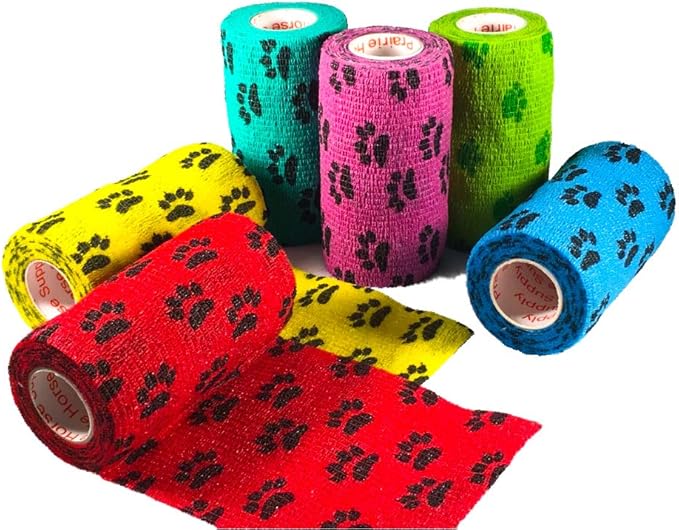 4 Inch Vet Wrap Tape Bulk (Black Paw Prints on Yellow, Red, Teal, Blue, Neon Green, and Neon Pink) (Pack of 24) Self Adhesive Adherent Adhering Flex Bandage Grip Roll for Dog Cat Pet