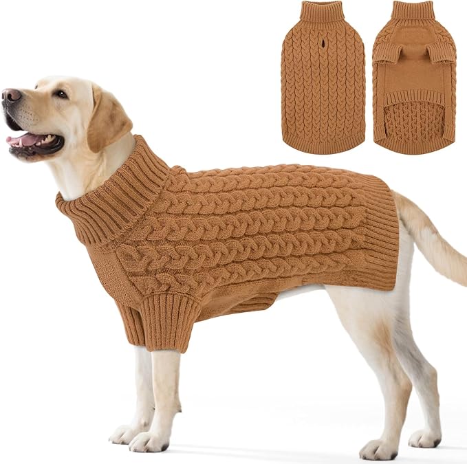 SAWMONG Dog Sweater, Dog Sweaters for Large Dogs Girls Boys, Pullover Turtleneck Knitted Doggy Sweatshirt, Cold Weather Pet Clothes（Khaki, 2X-Large