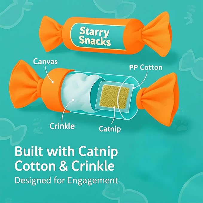 Catnip Candy Toys for Indoor Cats – 3-Pack Crinkle Cat Toys with Catnip Pouches, Durable Canvas & Soft Filling, Cat Chew Toys for Kittens & Adults (Mix Color)