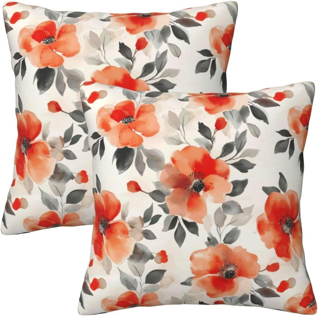 Fall Burnt Orange Floral Throw Pillow Covers 18x18 Inch Set of 2, Black Beige Watercolor Flowers Pillow Cushion Cases, Modern Decorative Square Pillowcases for Couch Sofa Bedroom Living Room Decor