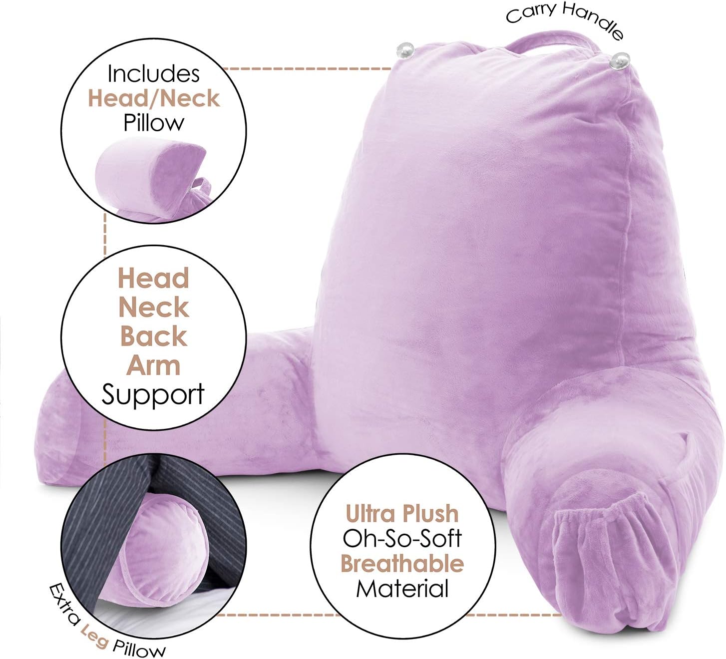Nestl Reading Pillow with Shredded Memory Foam Includes 2 Neck and Lumber Support Pillows, Designed for Sitting Up in Bed and Couch, Back and Arms Adjustable Support for Adult & Teens, Lavender