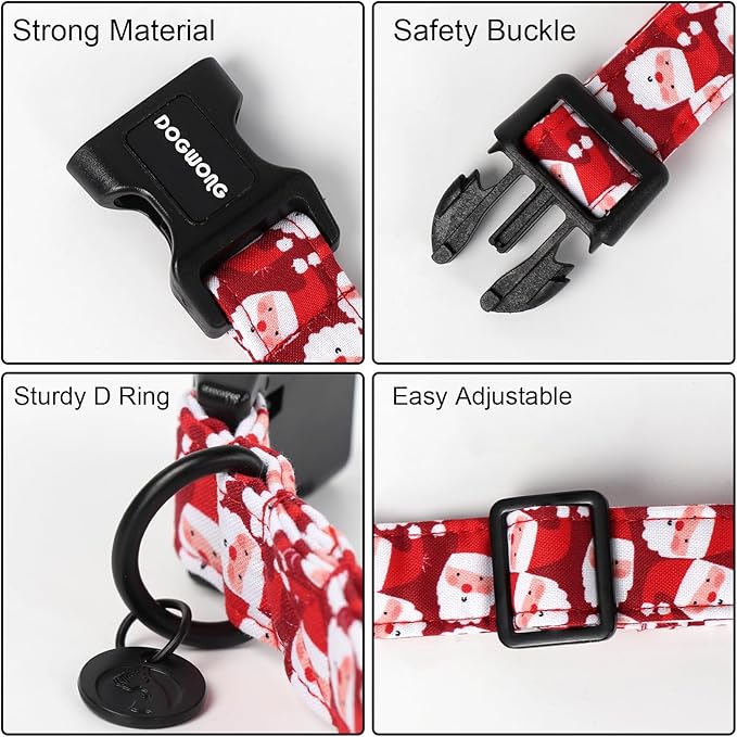 DOGWONG Christmas Cotton Dog Collar, Red Santa Claus Dog Collar Durable Holiday Pet Dog Collars Cute Puppy Necklace for Small Dogs