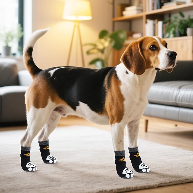 PUPTECK Anti Slip Dog Socks 2 Pairs with Double Grippers for Hardwood Floors, Shoes for Hot/Cold Pavement, Boots & Paws Protectors to Prevent Licking, Traction Booties for Senior Small Large Dogs