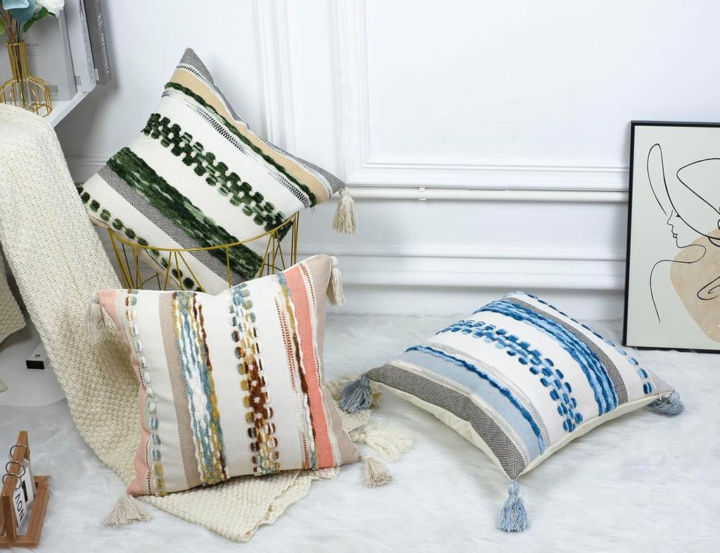 PANOD Chenille Farmhouse Throw Pillow Covers 18 x 18 Light Grey, Neutral Boucle Couch Pillow Cover, Striped Decorative Boho Coushion Cover Pillow Case for Couch Bed Sofa Bedroom,Modern Accent,Set of 2