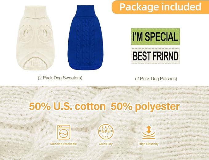 2 Pack Dog Sweaters for Small Dogs - Puppy Medium/Large Warm Clothes in Winter, Turtleneck Pullover Design for Boy Girl Pet, Doggie, Cat, Kitten Chihuahua Bulldog Pug Beagles (L, Blue, Beige)