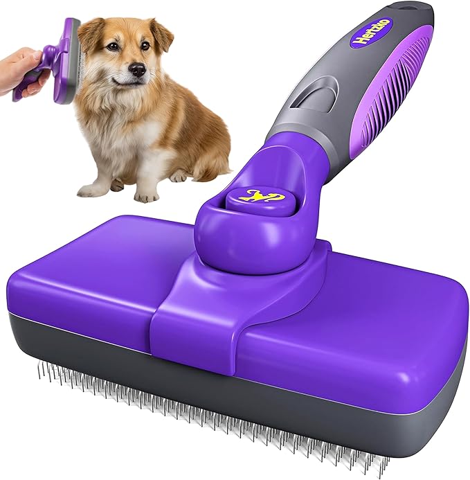 Hertzko Self Cleaning Slicker Brush for Dogs and Cats - Pet Hair Brush for Shedding Long and Short Hair - Easy Clean Retractable Bristles - Cat and Dog Grooming Tool - Purple